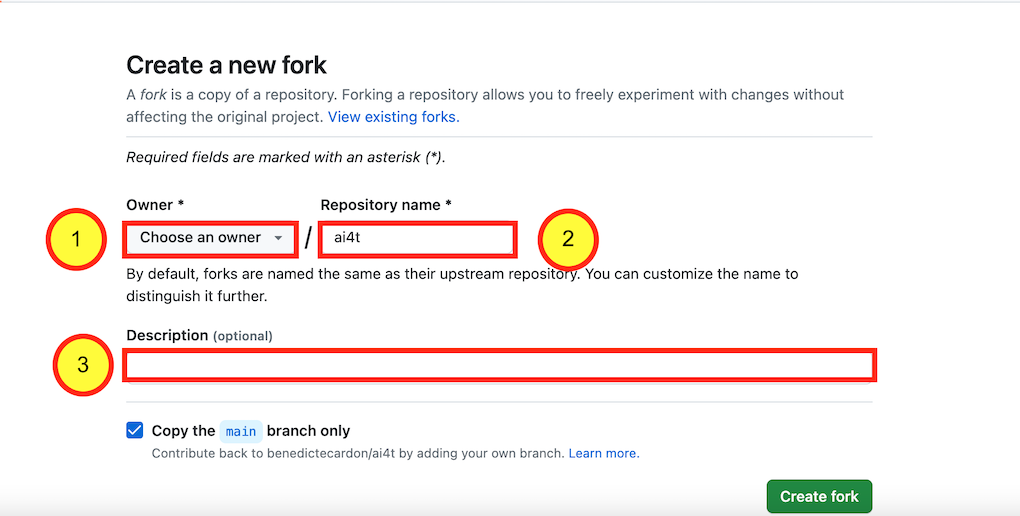 Naming a fork on GitHub - screen caption of GitHub