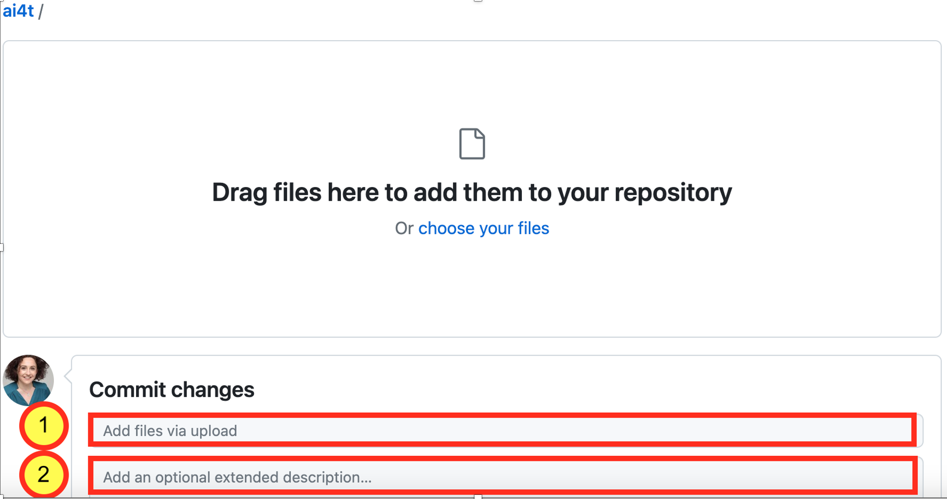 Visual - How to upload files in a fork - screen caption of github.