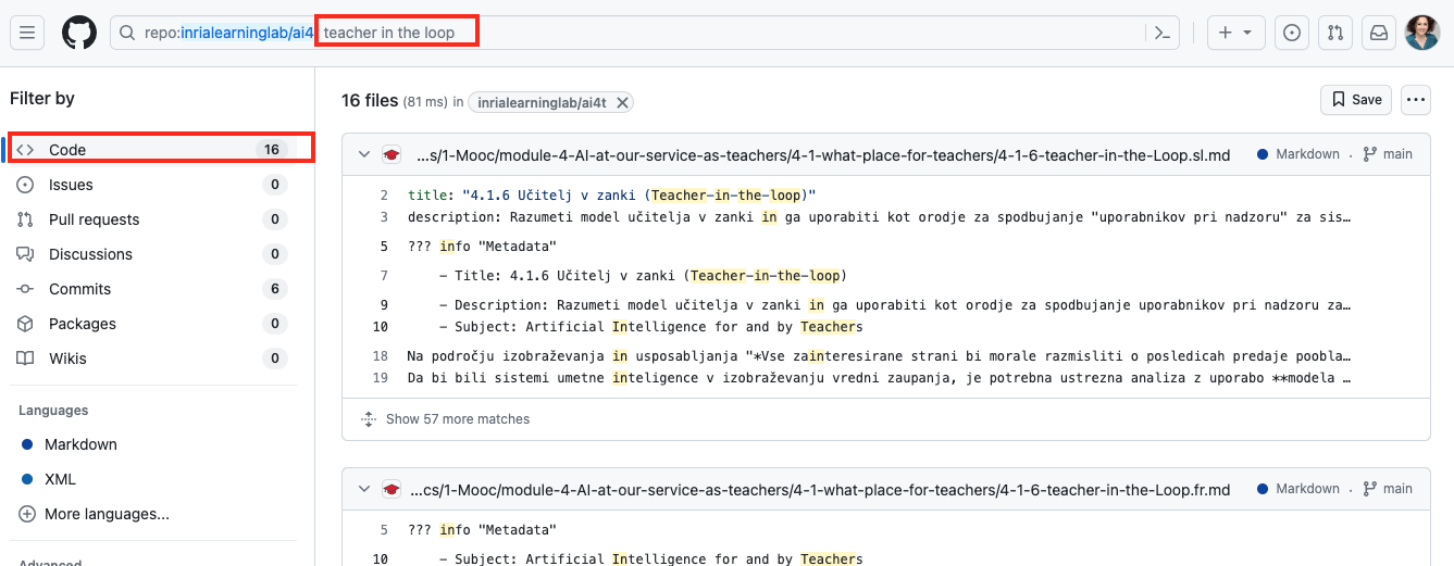 Example of a search result for Teacher-in-the-loop - screen caption of Github 