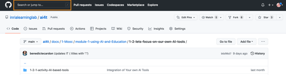 Access to the Search tool - screen caption of Github 