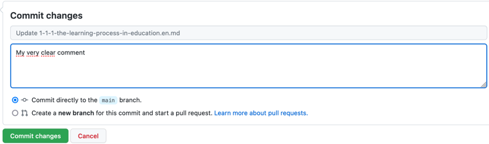 Visual - Description of a commit content in message box - screencaption of github.