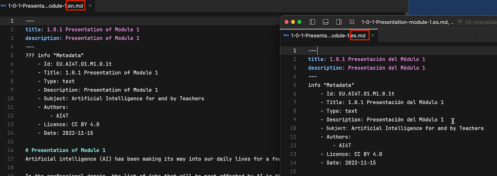 Header and Metadata in EN and ES files after review - markdown files in english and spanish screen caption.