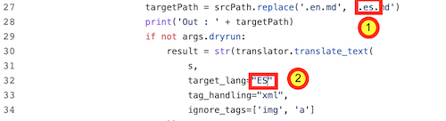 Example of extract of trad.py script with adaptation for translation to Spanish