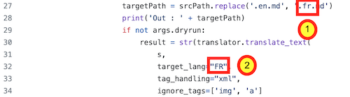 Example of extract of the trad.py script with mention of the target language (ie.FR)