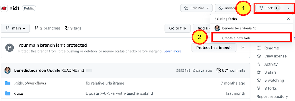 Creating an fork on GitHub - screen caption of GitHub