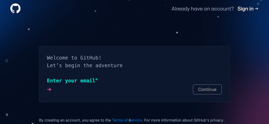 Creating an account on GitHub - screen caption of GitHub.